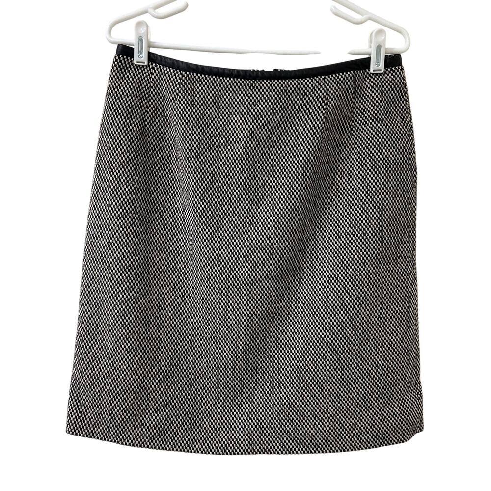 Talbots Vtg Womens Sz 10 Black & White Patterned Italian Wool Skirt Leather Trim